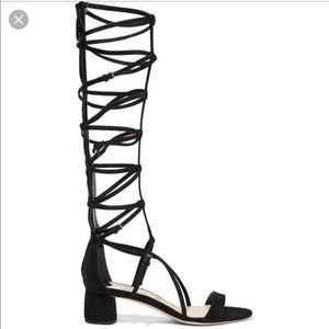 Prada Black Suede Gladiator Lace-Up Block Heel Sandals